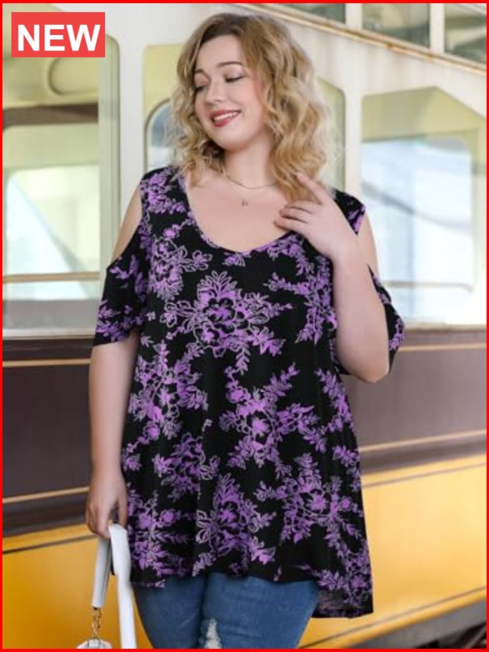 Plus Size V-Neck Cold Shoulder Short Sleeve Tunic Top Loose Fit - Picture 6 of 7